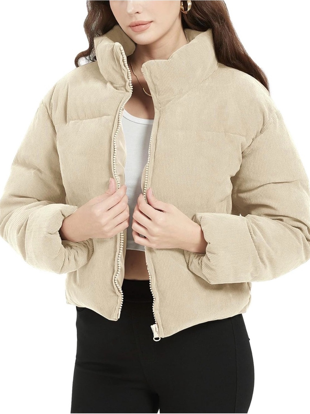 Corduroy Puffer Jacket in Beige - Women's Short Coat